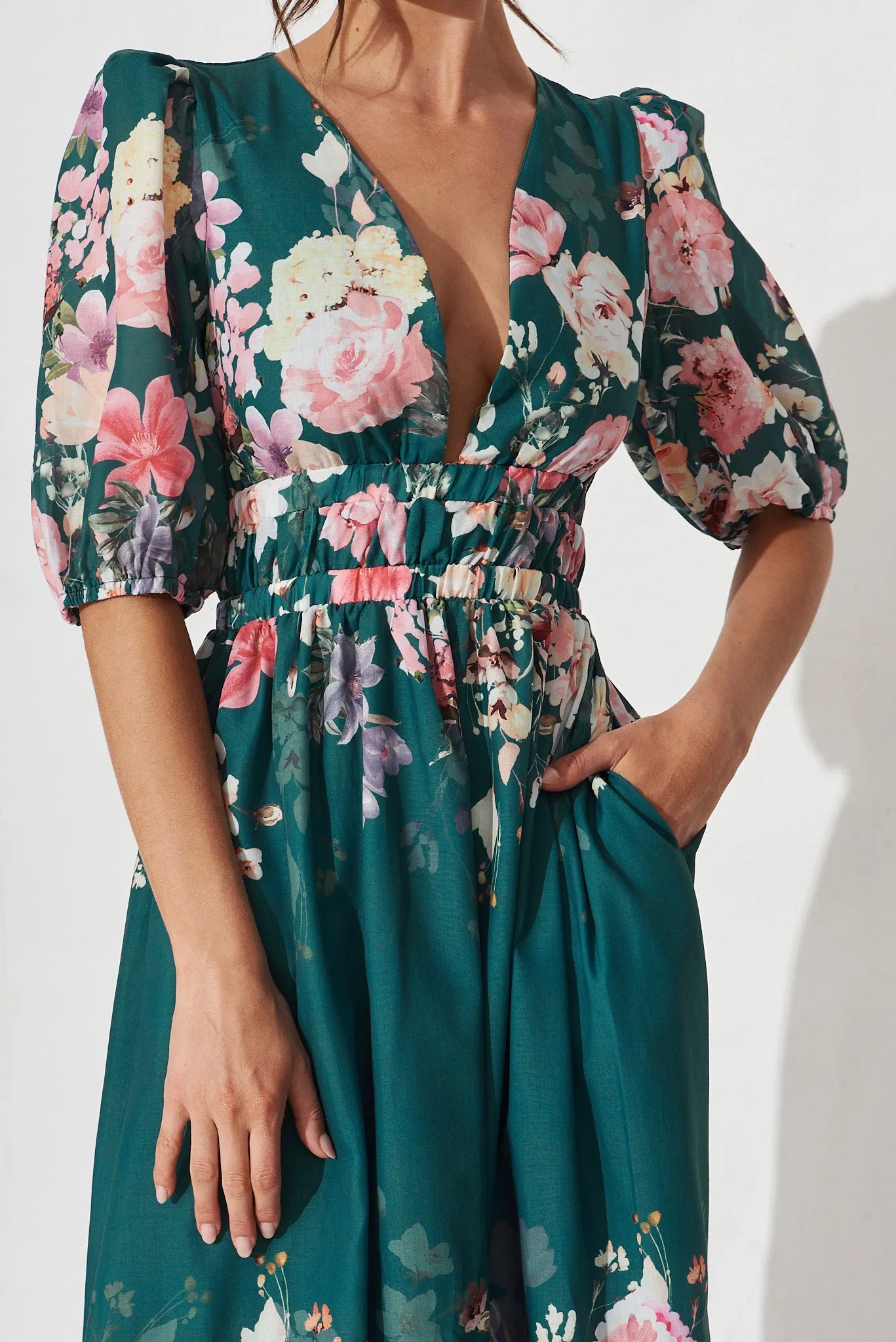 Camille Maxi Dress In Teal With Orange Floral