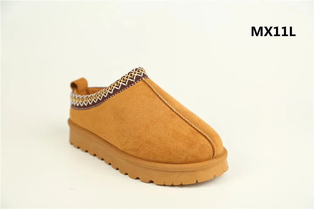 CHESTNUT FAUX SUEDE EMBROIDED AZTEC DETAIL  COZY FLUFFY SLIPPERS BOOTS BOOTIES
