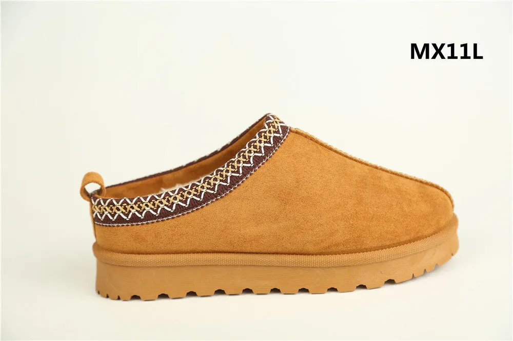 CHESTNUT FAUX SUEDE EMBROIDED AZTEC DETAIL  COZY FLUFFY SLIPPERS BOOTS BOOTIES
