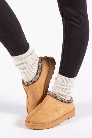 CHESTNUT FAUX SUEDE EMBROIDED AZTEC DETAIL  COZY FLUFFY SLIPPERS BOOTS BOOTIES