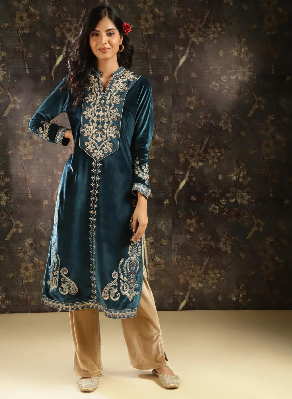 Dark Teal Zari Work Velvet Kurta with Sequins