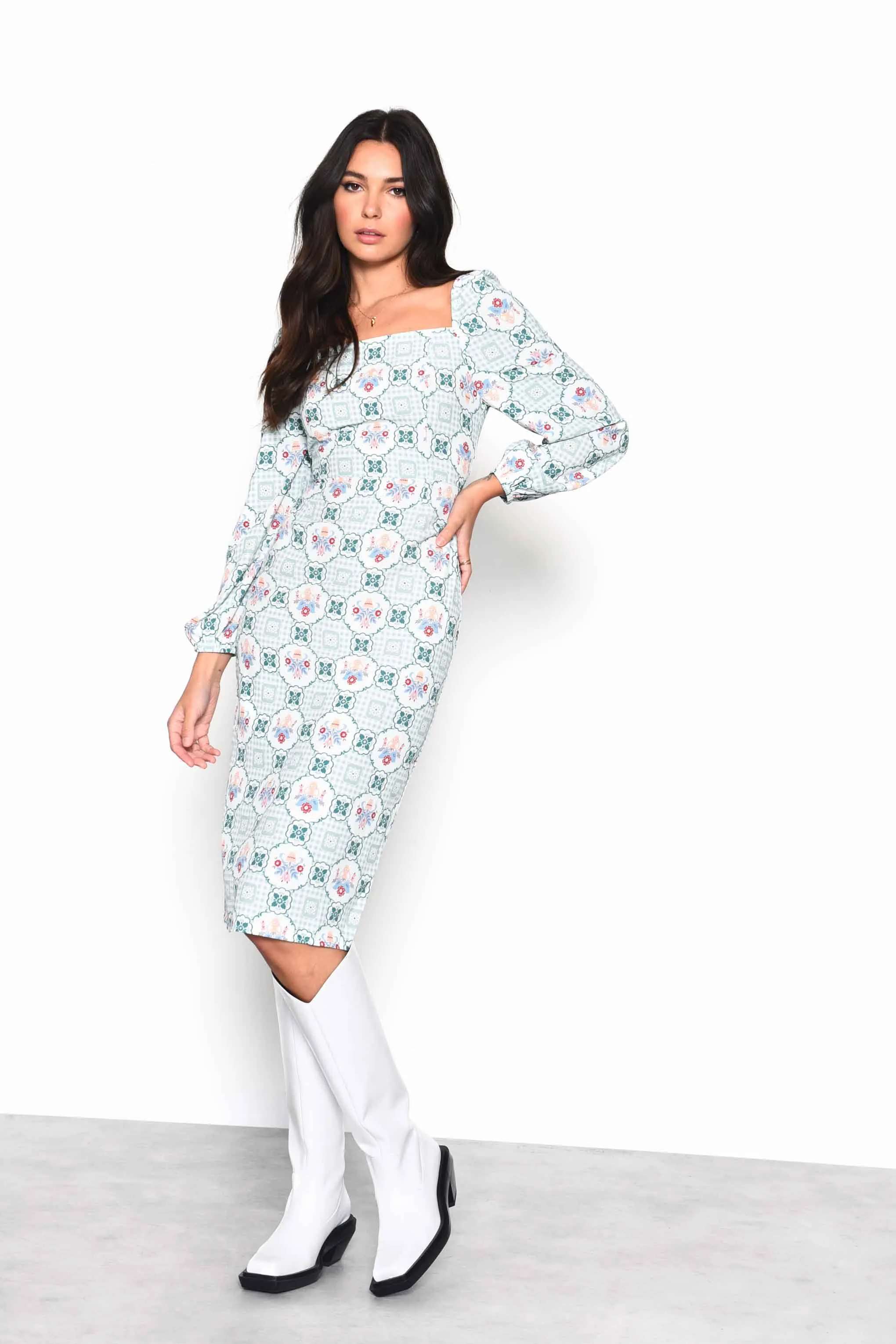 Glamorous Green Floral Gingham Square Neck Midi Dress with Centre Back Split