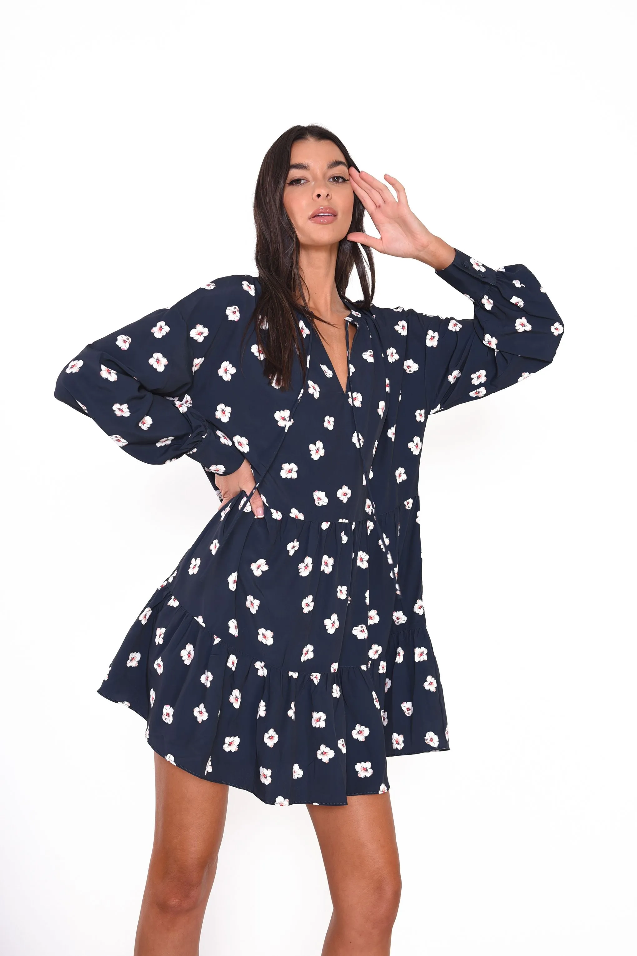 Glamorous Navy Hibiscus Pattern Shift Mini Dress