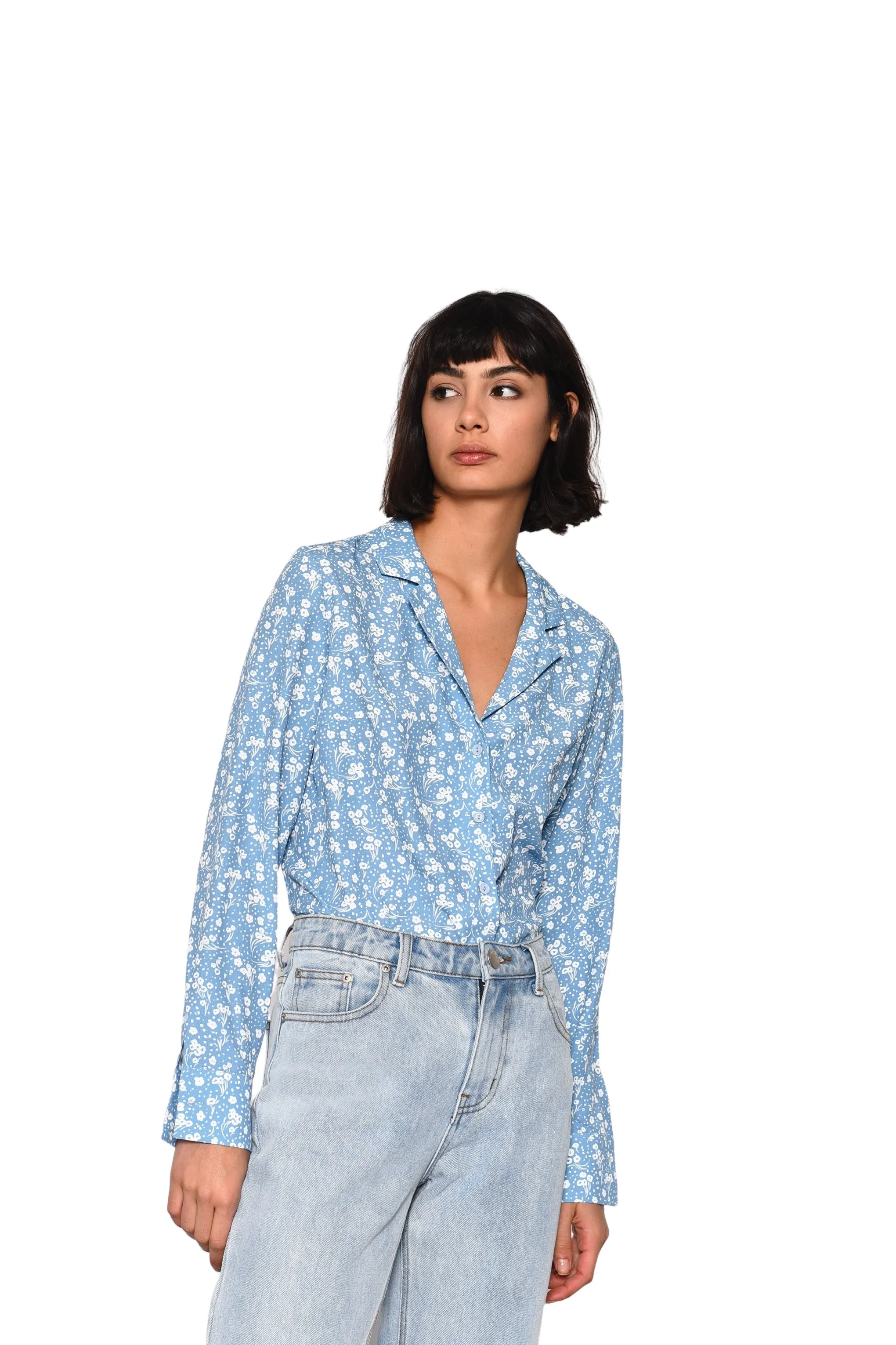 Glamorous Pale Blue Ditsy Print Long Sleeve Shirt