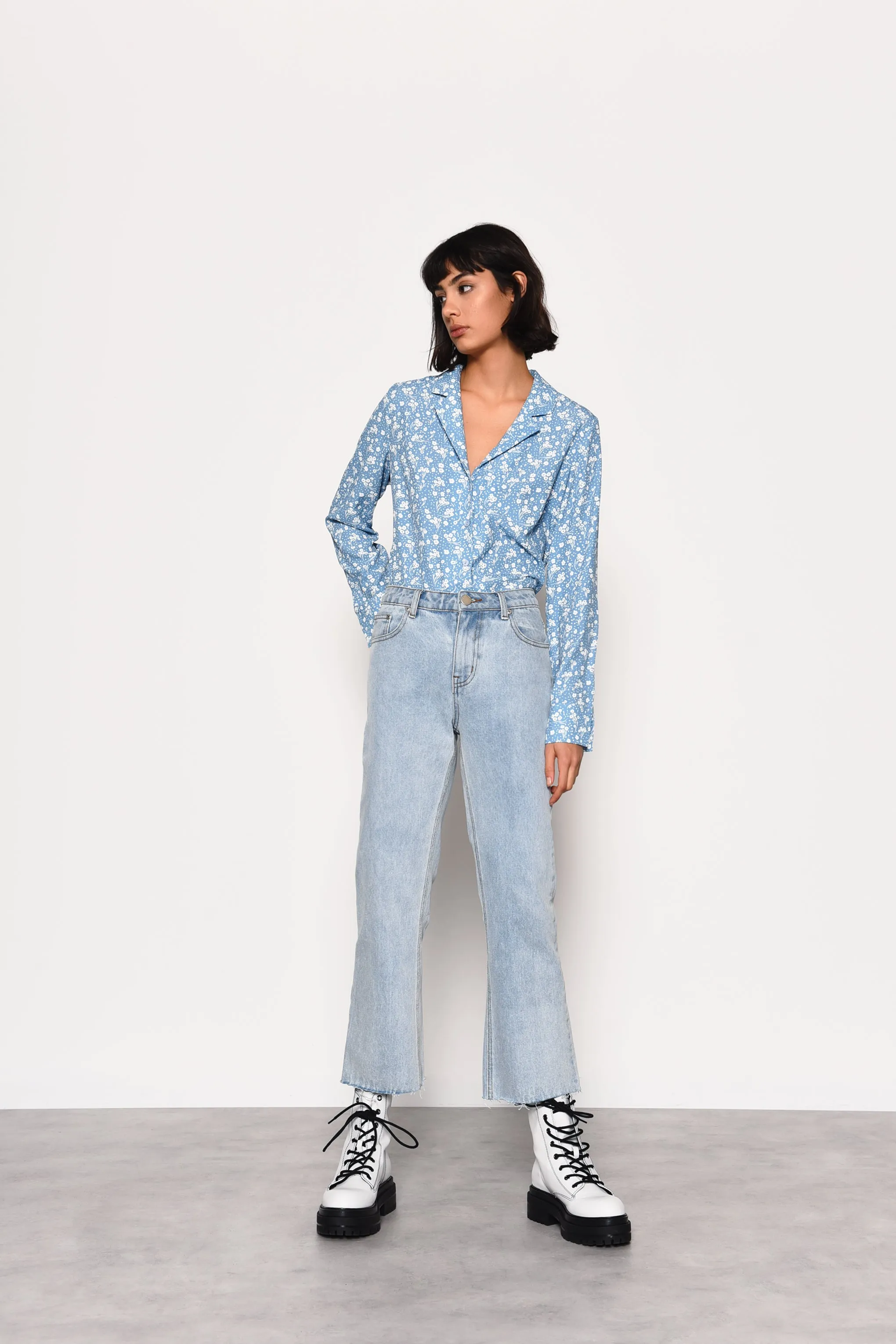 Glamorous Pale Blue Ditsy Print Long Sleeve Shirt