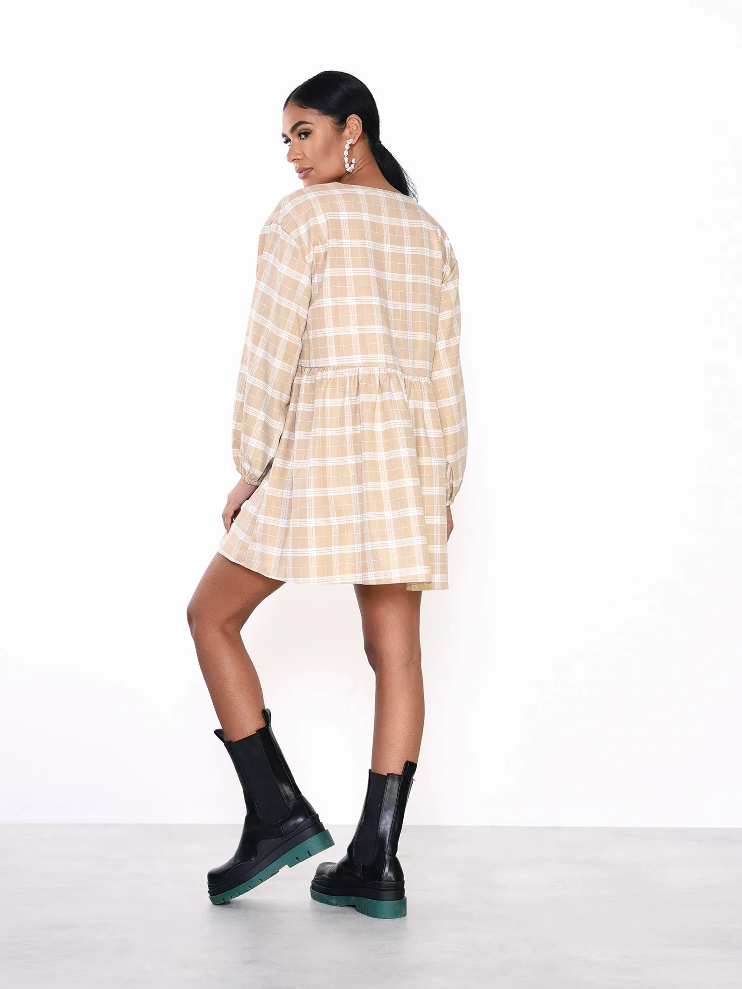 Glamorous Stone Cream Check V- Neck shift Dress