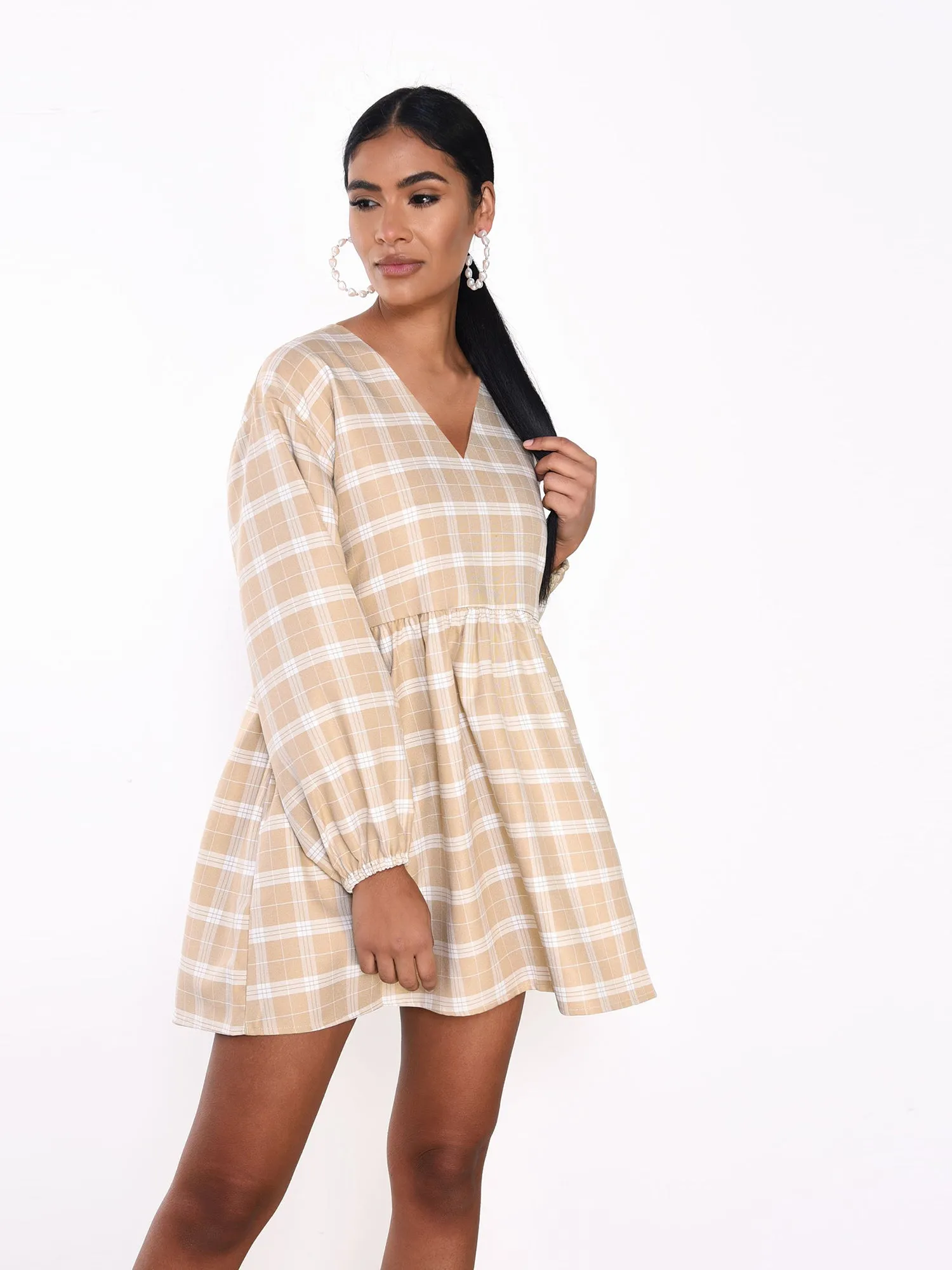 Glamorous Stone Cream Check V- Neck shift Dress