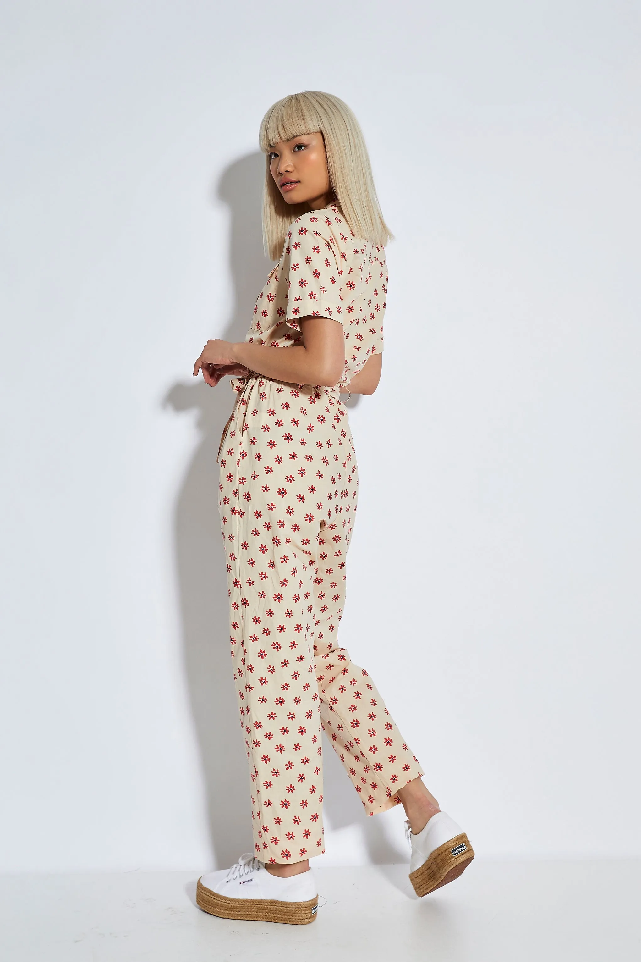 Glamorous Stone Red Daisy Tie Waist Button Front Jumpsuit