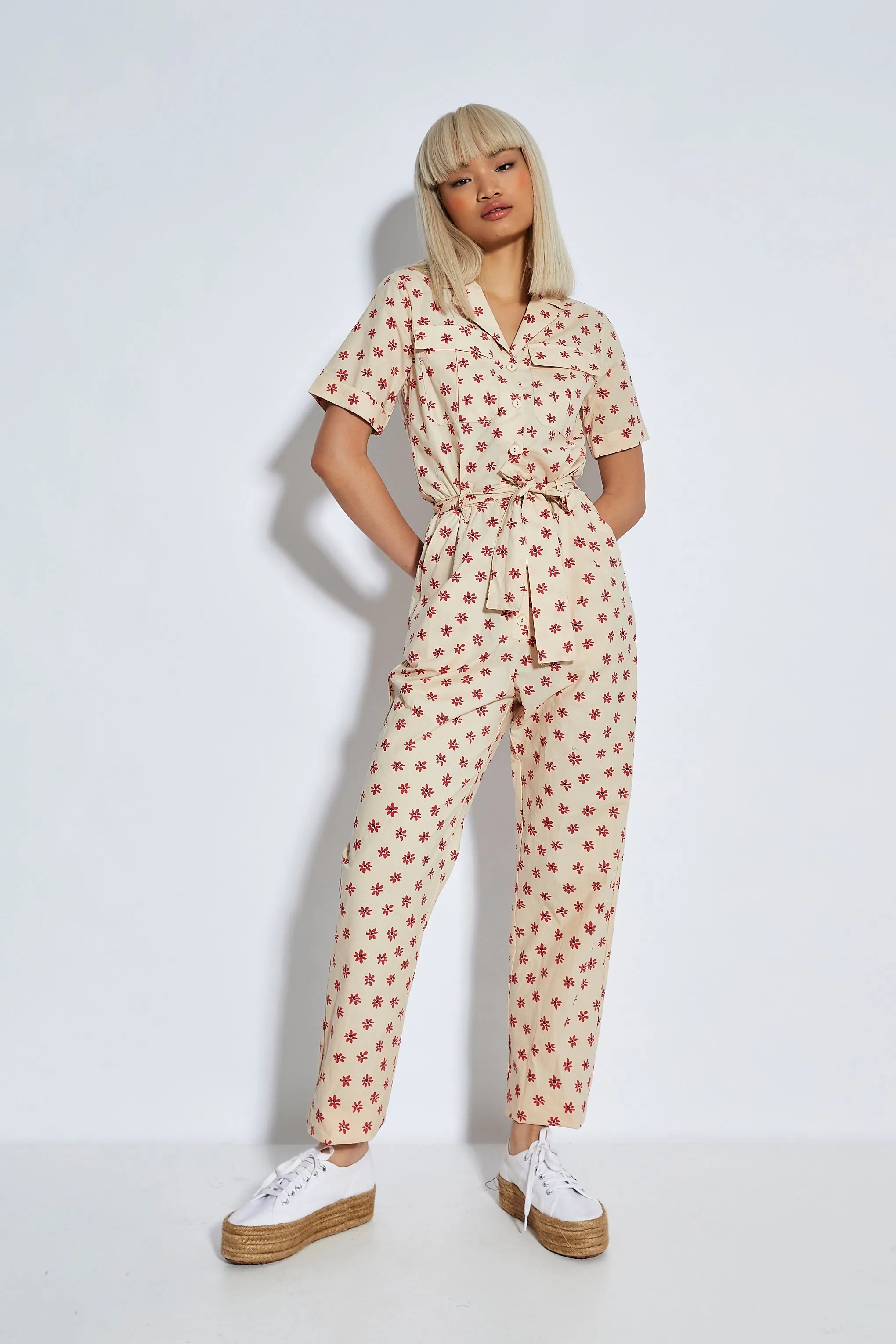 Glamorous Stone Red Daisy Tie Waist Button Front Jumpsuit