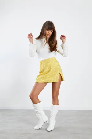 Glamorous Yellow Tweed Mini Skirt with Front Side Split