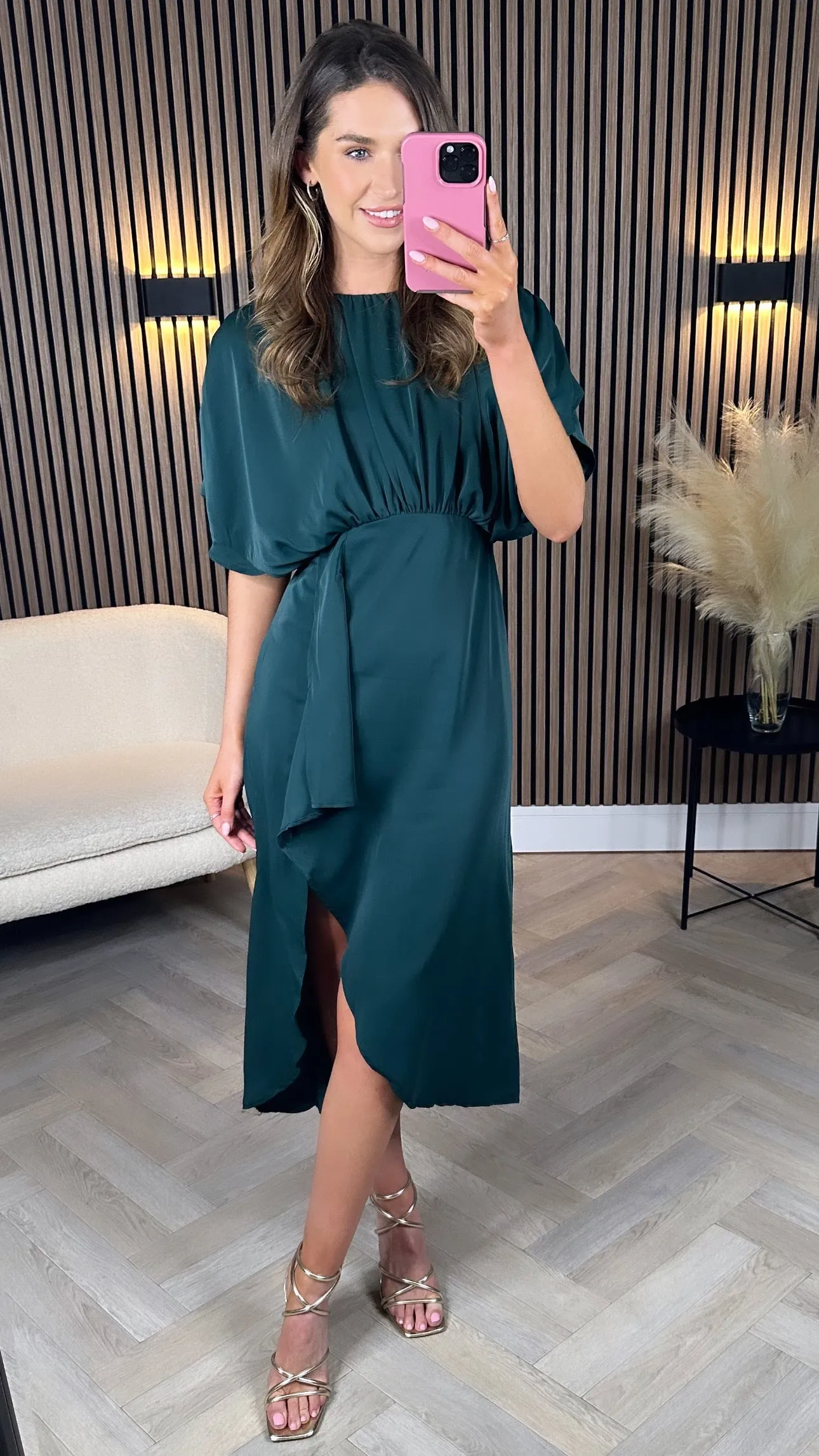 Jaelynn Teal Batwing Gathered Top Midi Dress