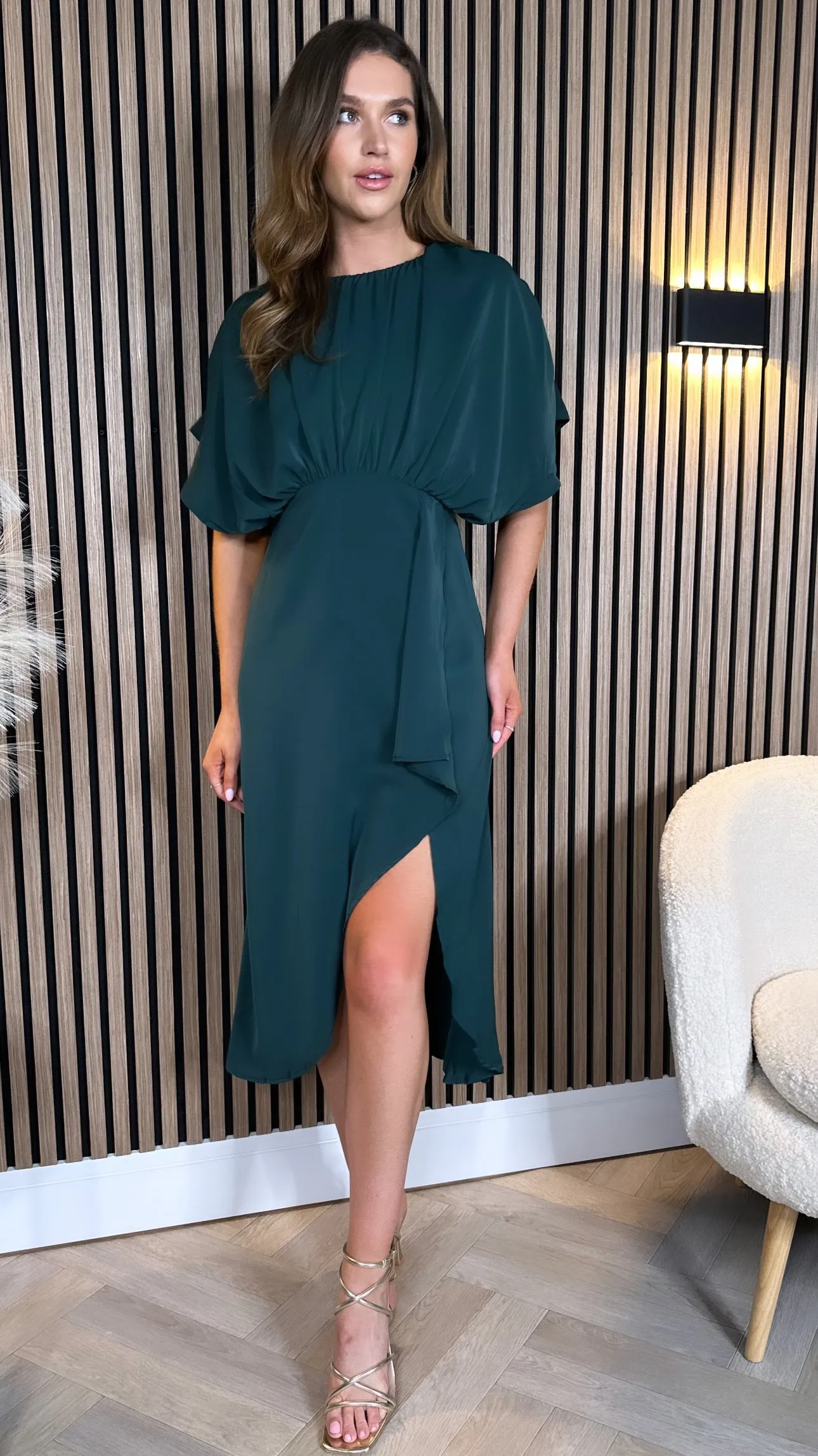 Jaelynn Teal Batwing Gathered Top Midi Dress