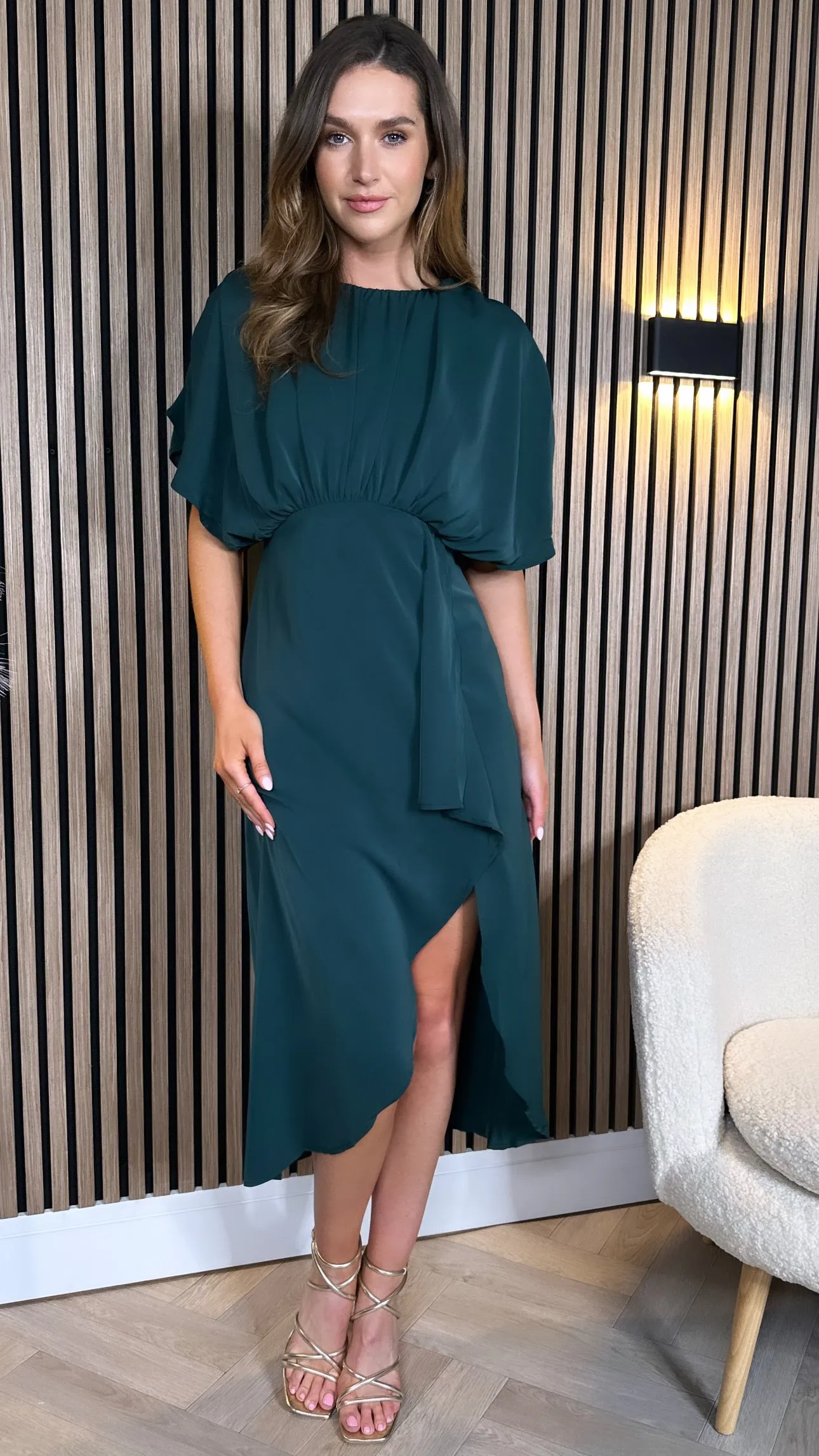 Jaelynn Teal Batwing Gathered Top Midi Dress