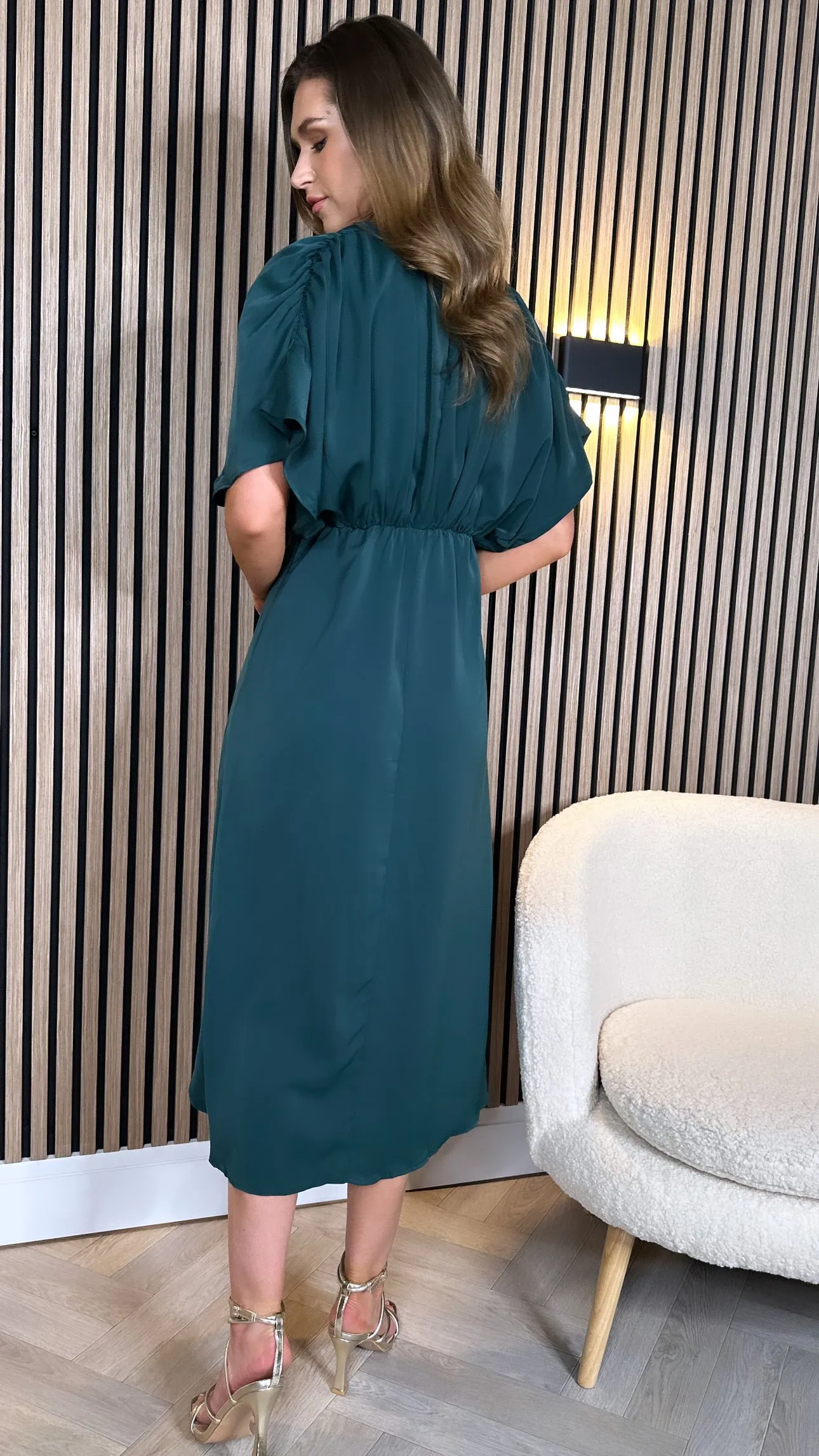 Jaelynn Teal Batwing Gathered Top Midi Dress