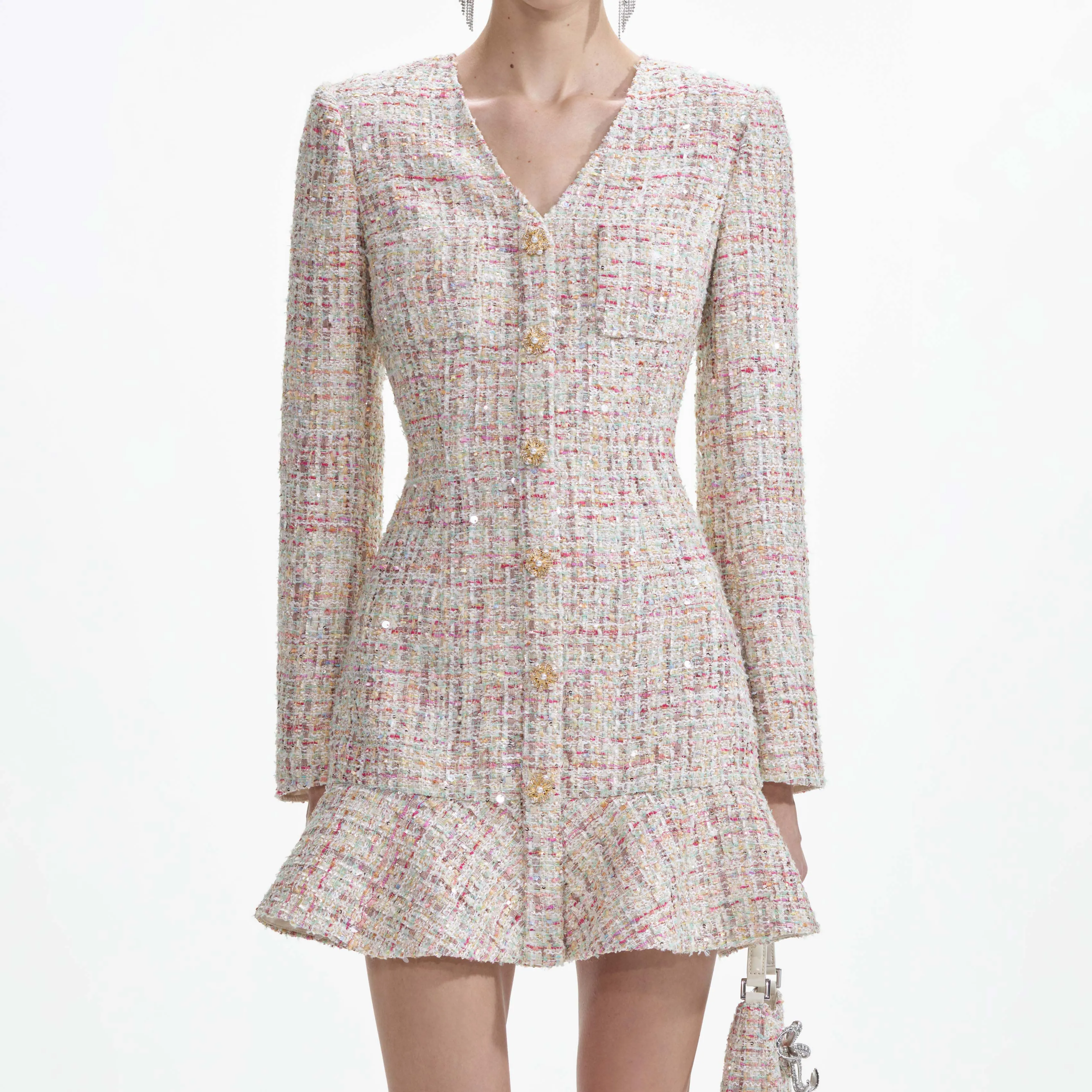 Pastel Boucle V-Neck Mini Dress