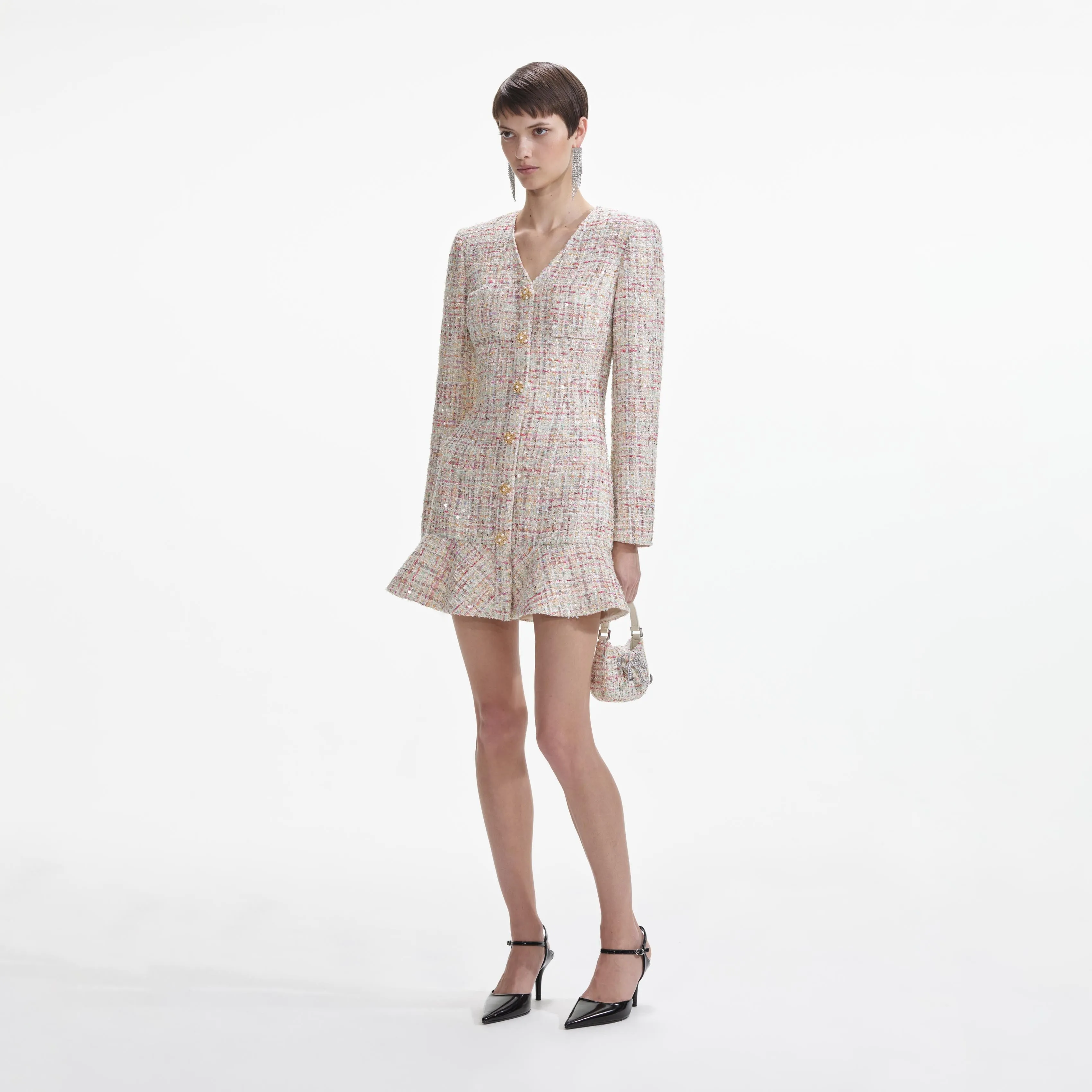 Pastel Boucle V-Neck Mini Dress