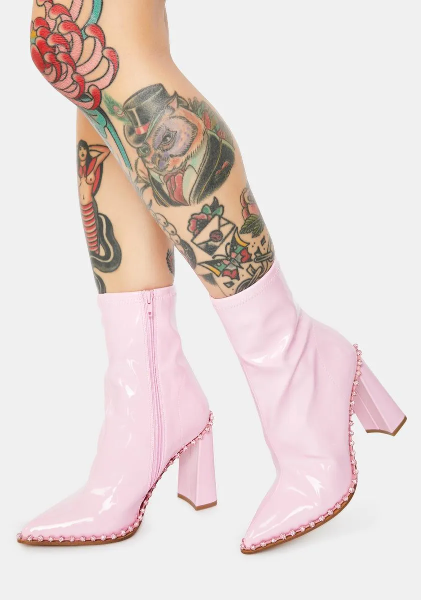Pink Edita Rhinestone Patent Booties