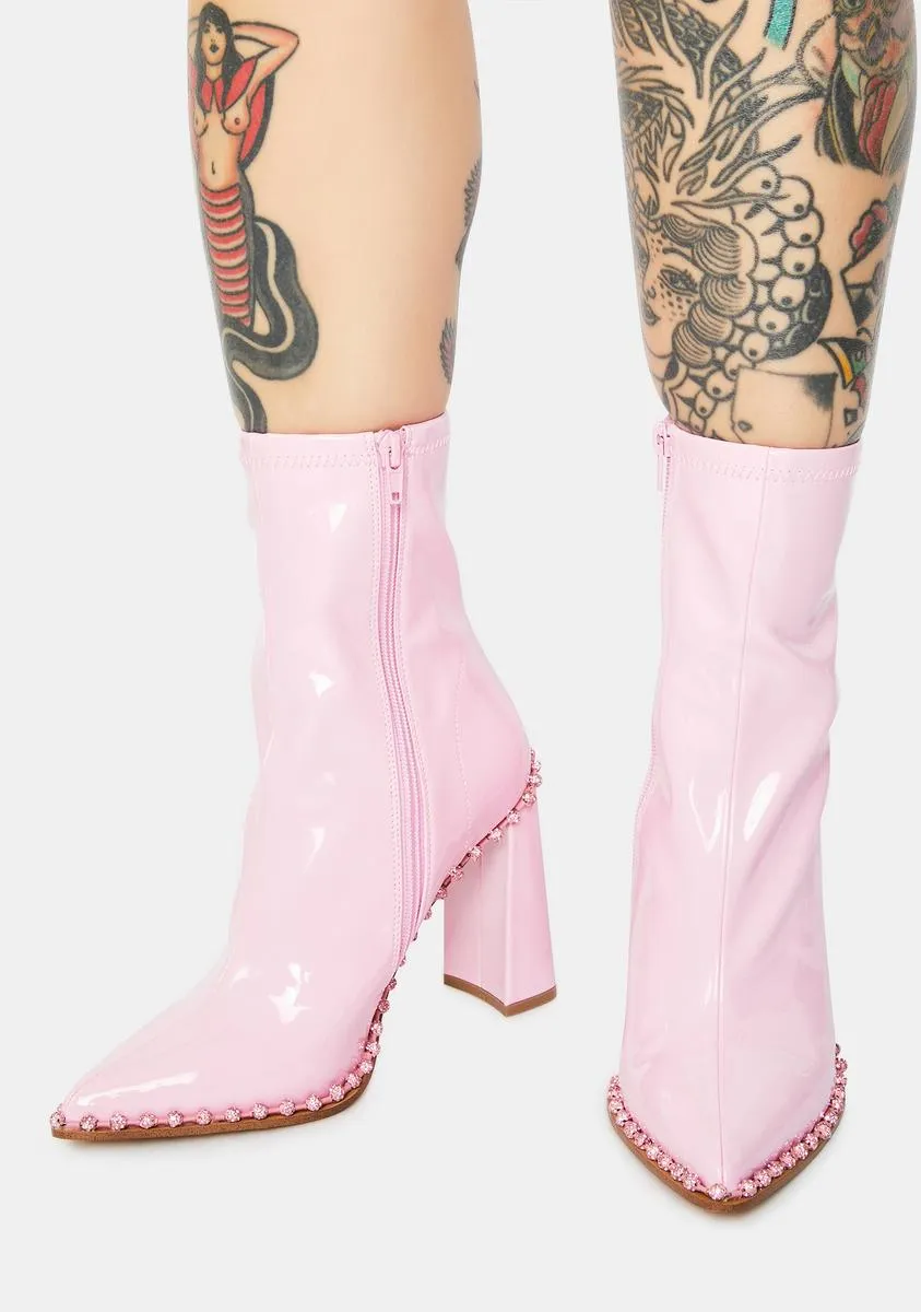 Pink Edita Rhinestone Patent Booties