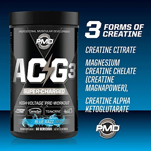 PMD Sports ACG3 Supercharged - Pre Workout - Powerful Strength, High Energy, Maximize Mental Focus, Endurance and Optimum Workout Performance for Men and Women - Blue Razz (60 Servings)