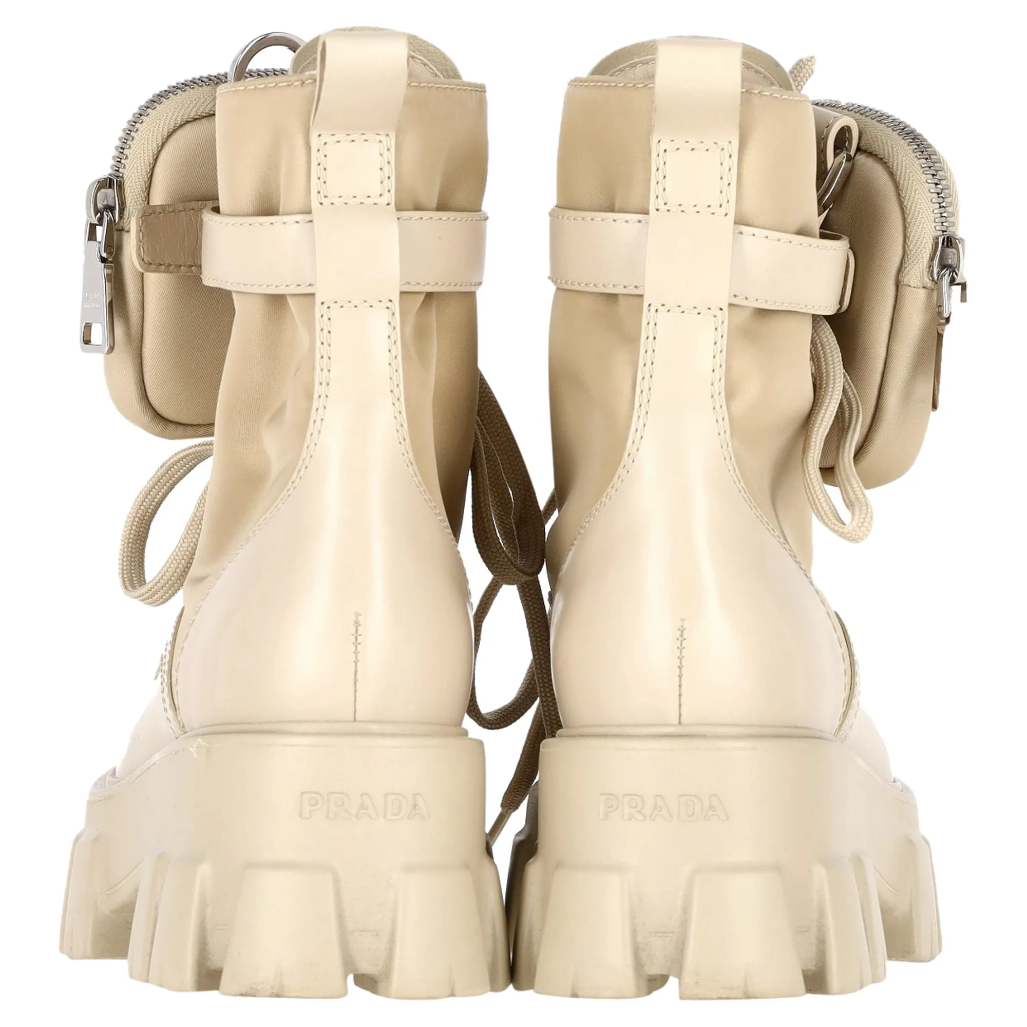 Prada Monolith Pouch-Detail Boots in Beige Leather