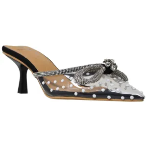 Women's Pointed Toe Heels Pumps Clear Rhinestones Bow Sandals Black