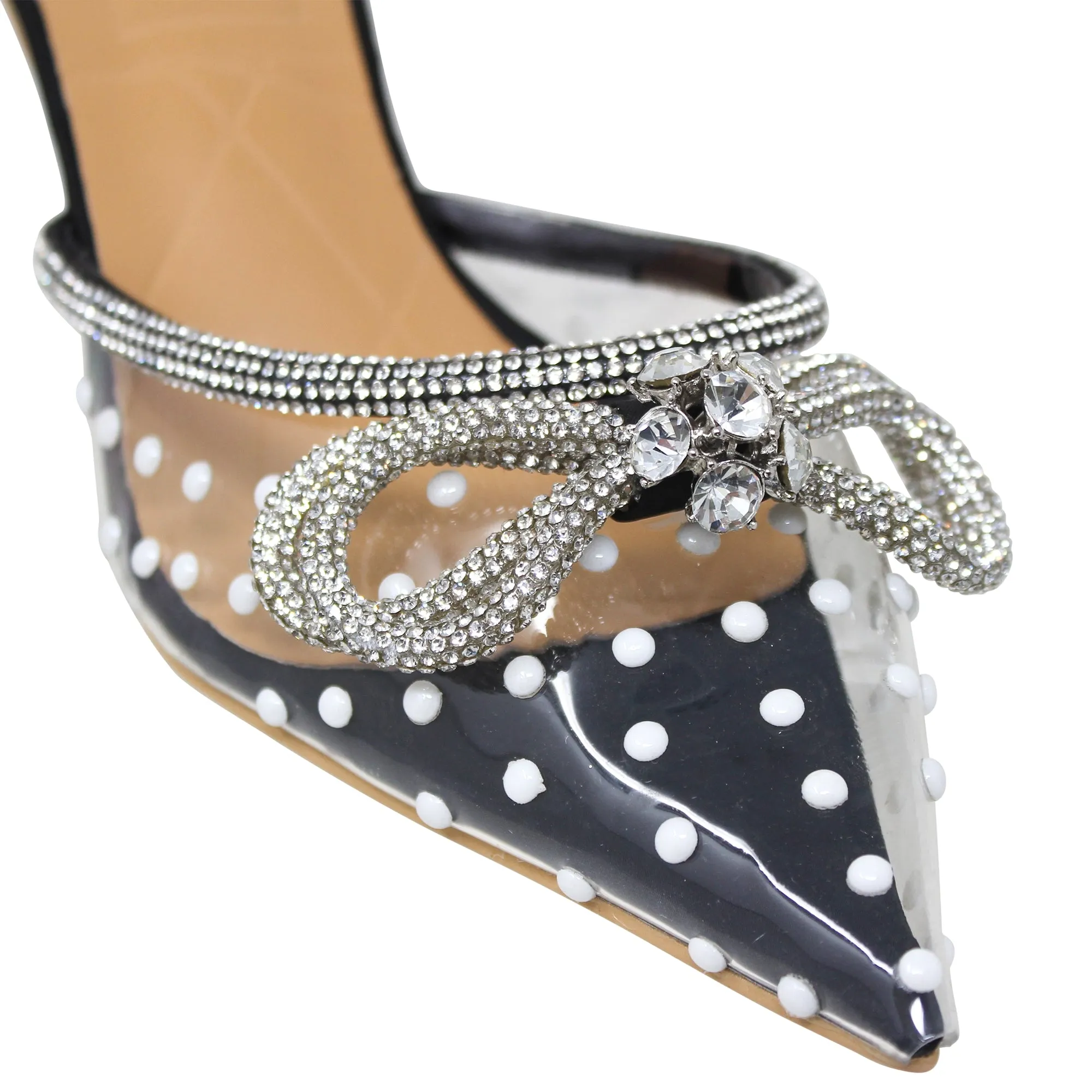 Women's Pointed Toe Heels Pumps Clear Rhinestones Bow Sandals Black