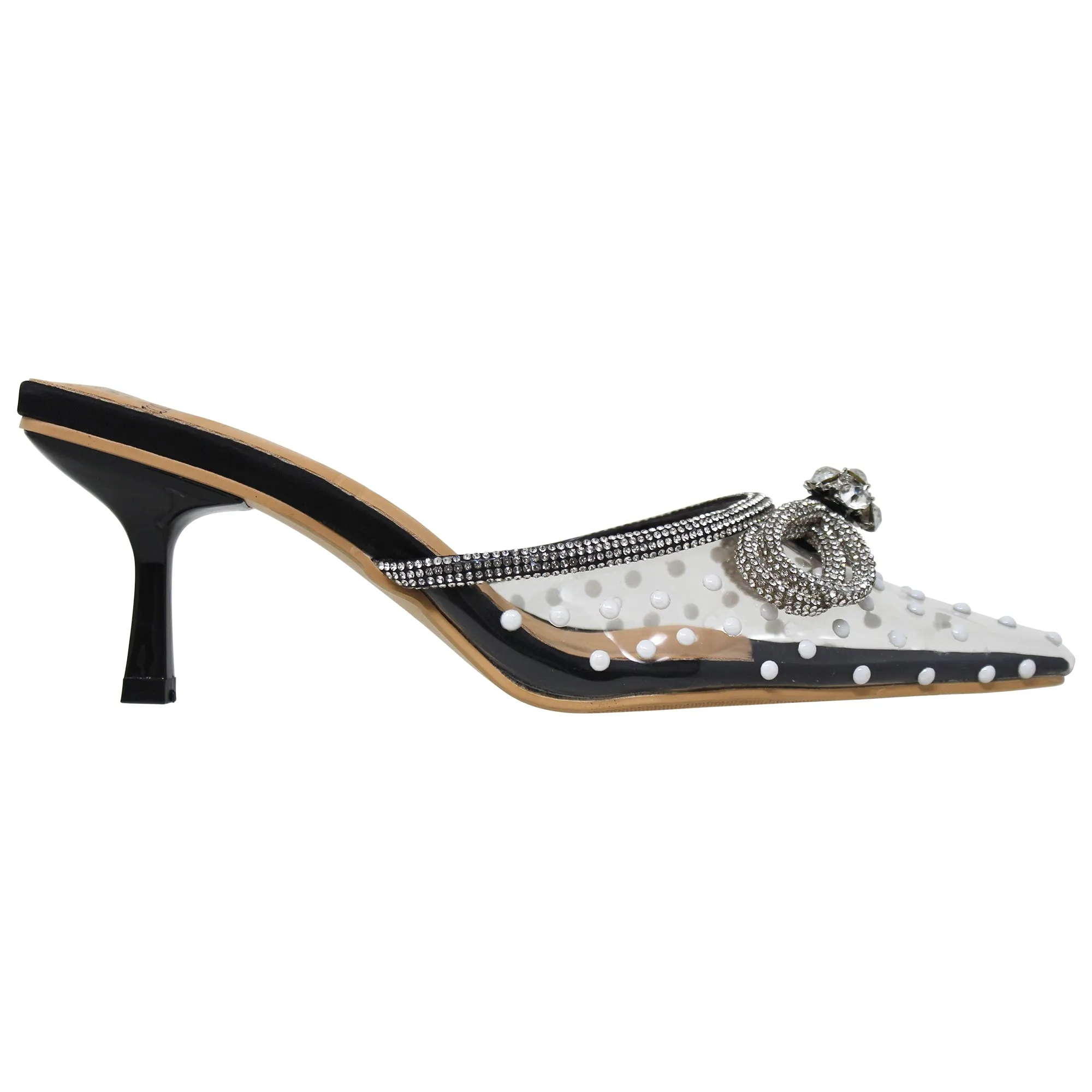 Women's Pointed Toe Heels Pumps Clear Rhinestones Bow Sandals Black
